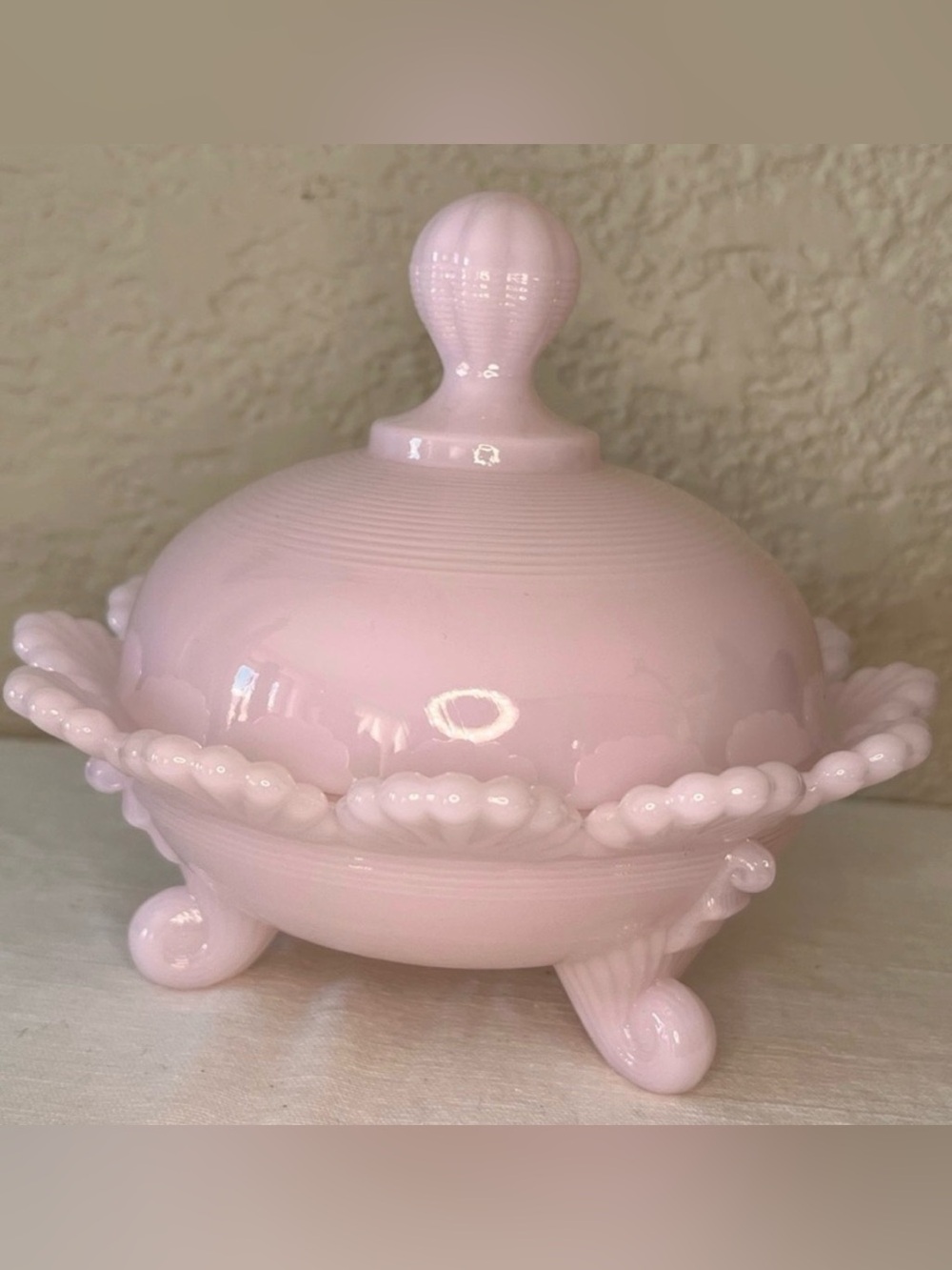 Vintage Pink Milk Glass Klondike Pattern Covered Candy Dish UV Reactive Glows